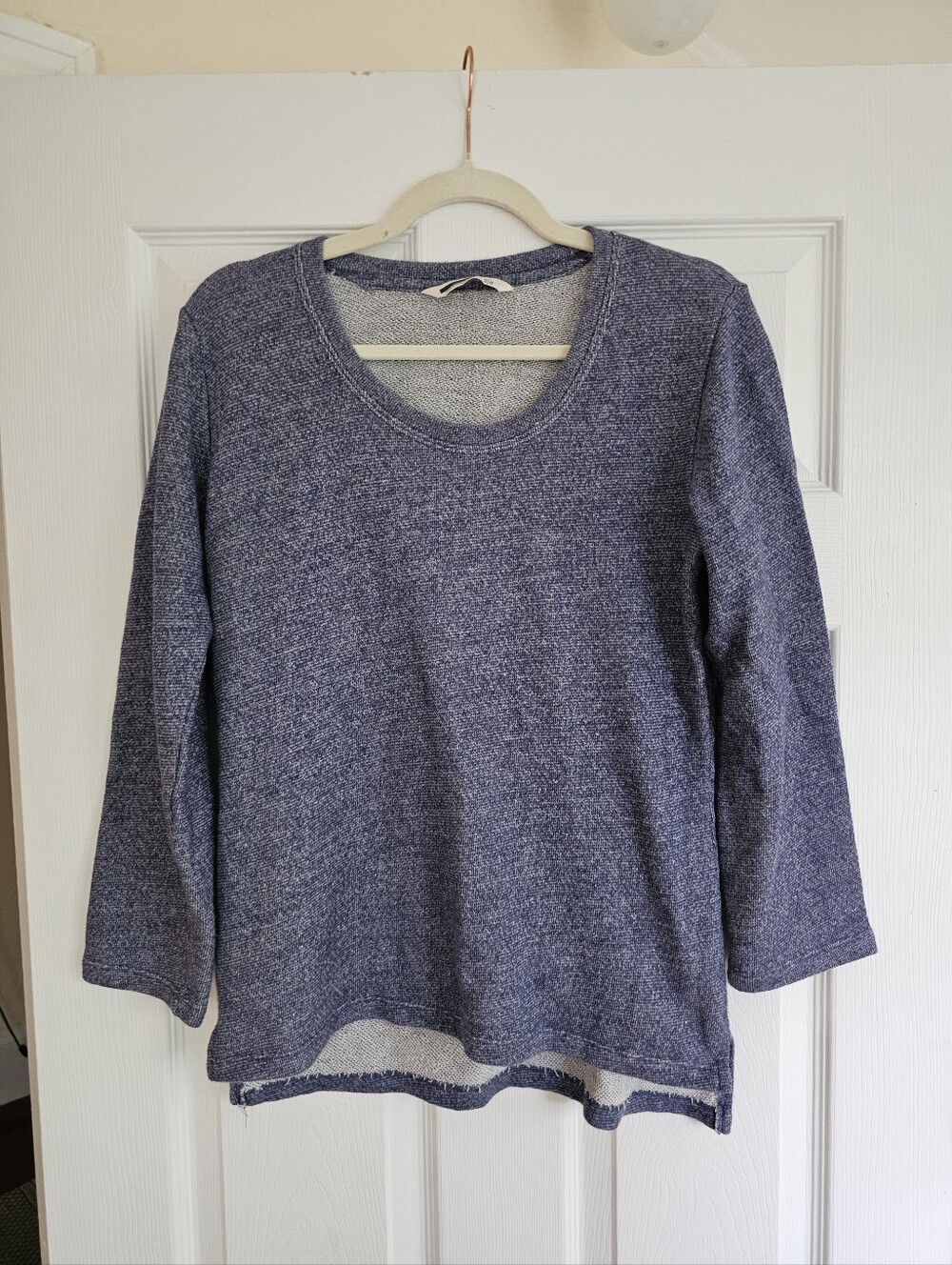 French Terry Scoop Neck Pullover Sweatshirt Blue Heathered High Low Small
